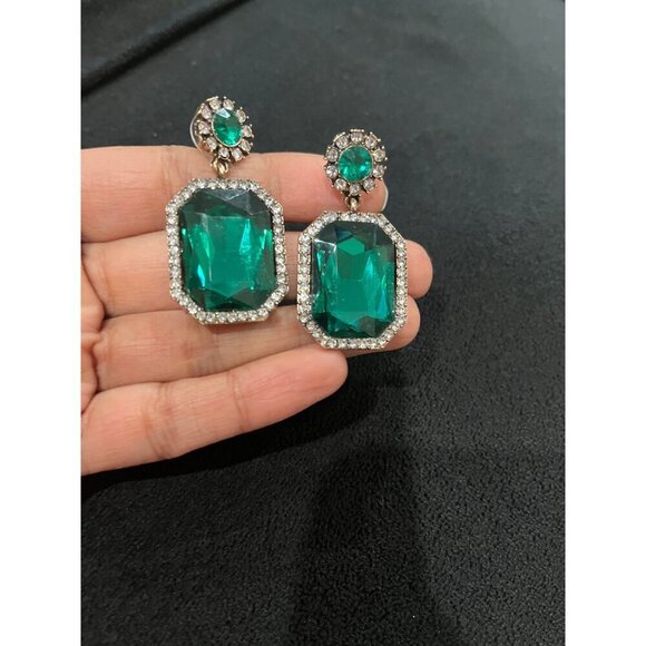 Dark Green earrings teardrop green crystal Rhinestone Crystal green Earrings - Picture 3 of 8